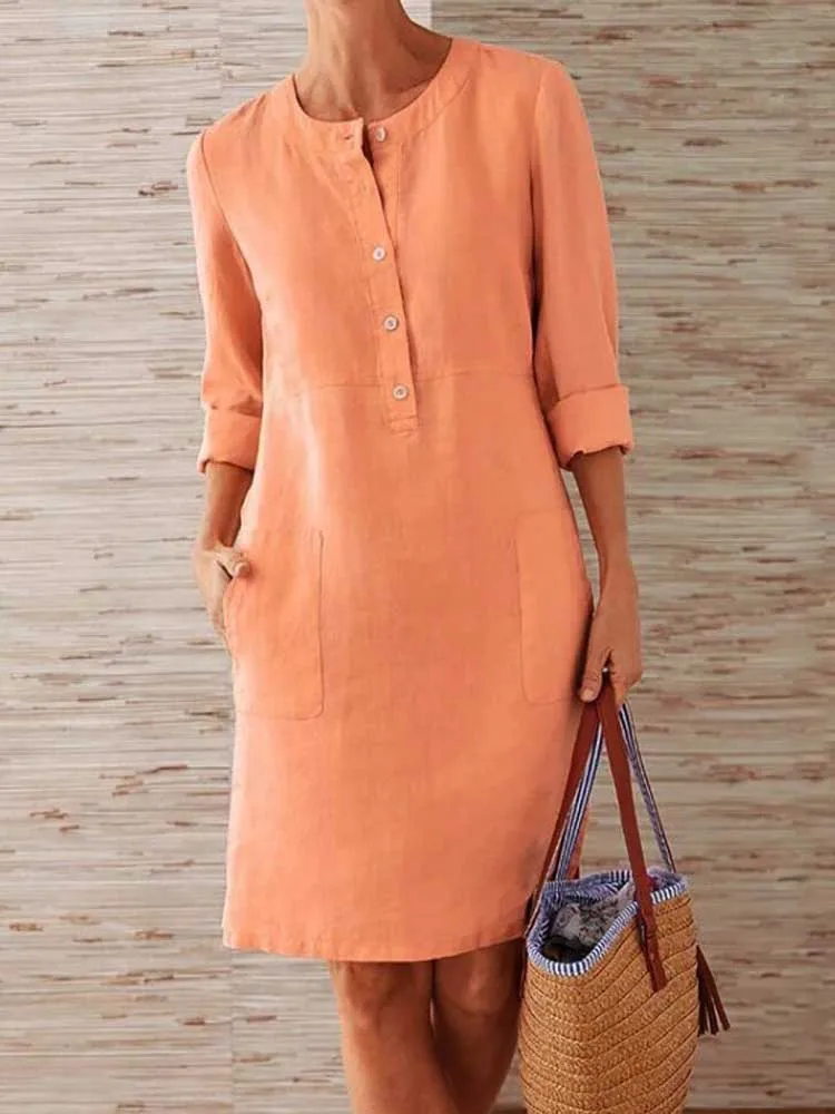 Linen And Cotton Long Sleeved Dress Loose Plain Patterned Dress With Pockets And Buttons Retro Style Party Use Dresses For Women
Linen And Cotton Long Sleeved Dress Loose Plain Patterned Dress With Pockets And Buttons Retro Style Party Use Dresses For Women