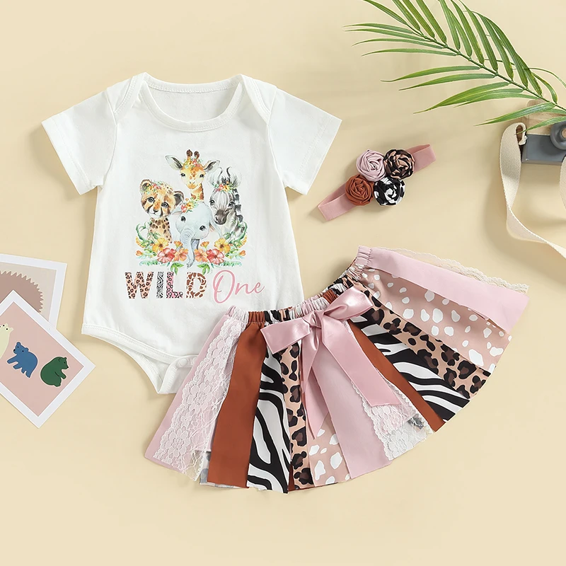

0-2Y Baby Girl Summer Clothes Suits Short Sleeve Crew Neck Romper Zebra Pattern Leopard Lace Patchwork Skirts Headband 3Pcs Set