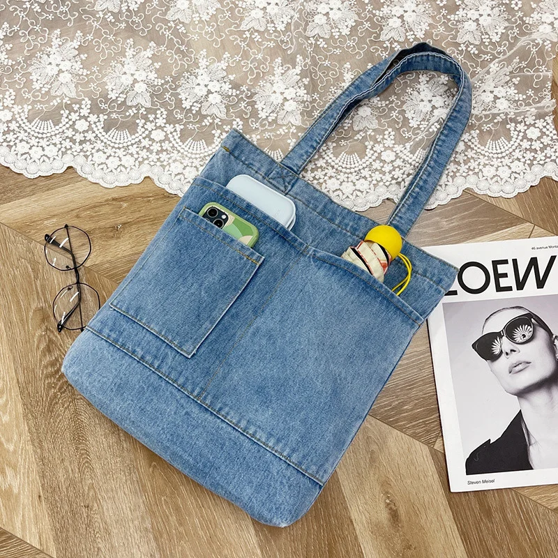

Vintage Denim Splicing Shoulder Bag for Women Fashion Student Bags Casual Large Capacity Canvas Tote Underarm Shopper Bag
