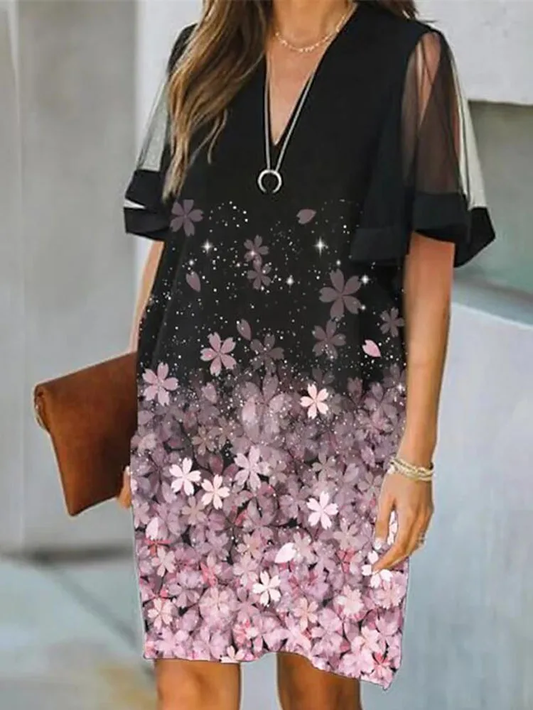Fashion Women Stitching Printed Party Dress Elegant See-through Short Mesh Sleeve Pullover Dress Summer V-Neck Dress Summer New
Fashion Women Stitching Printed Party Dress Elegant See-through Short Mesh Sleeve Pullover Dress Summer V-Neck Dress Summer New