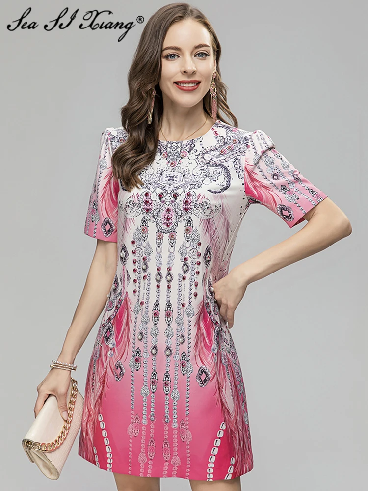 Seasixiang Fashion Designer Summer Dress Women O-Neck Short Sleeve Luxury Crystal Beading Vintage Print Mini Dress
Seasixiang Fashion Designer Summer Dress Women O-Neck Short Sleeve Luxury Crystal Beading Vintage Print Mini Dress
