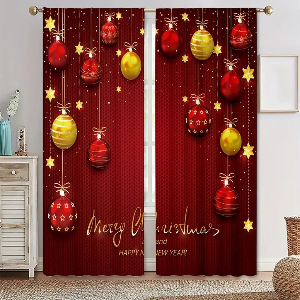 

2 Panels Christmas Curtain for Living Room Bedroom Red Decoration Ball Digital Printing Thin Curtain Windows Grommet Top Home