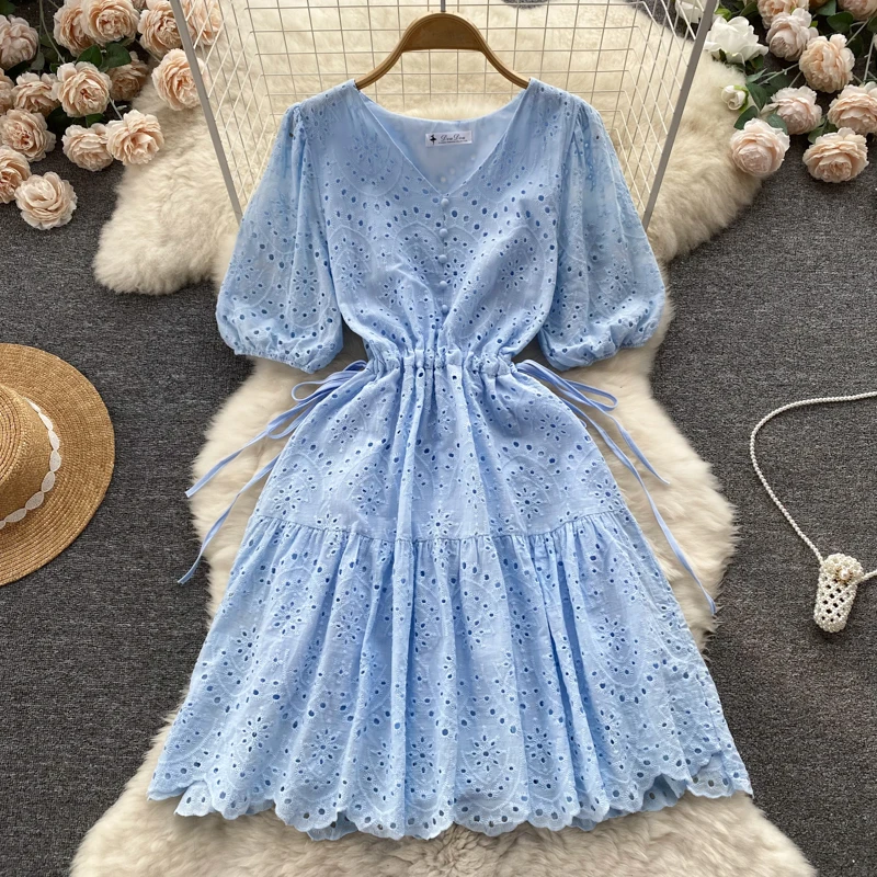 Hollow out bubble sleeve dress women summer girls lace dress women mini blue dress
Hollow out bubble sleeve dress women summer girls lace dress women mini blue dress