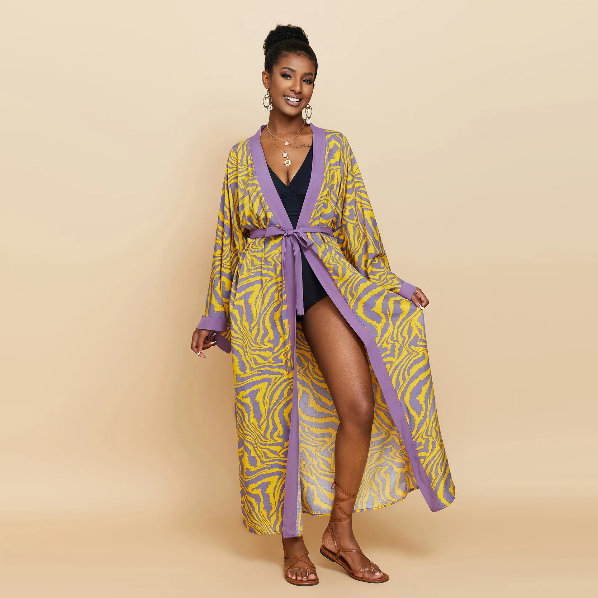 

Zebra Beach Cover Ups for Women Long Sleeve Kimono Dress Self Belted Rayon Elegant Pareo 2023 Bathing Suits Holiday Beachwear