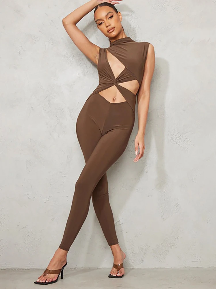 

FTS High Quality Female One Piece Playsuit Bodysuit O-Neck Irregular Hollow Cropped Navel Leggings Jumpsuit For Women