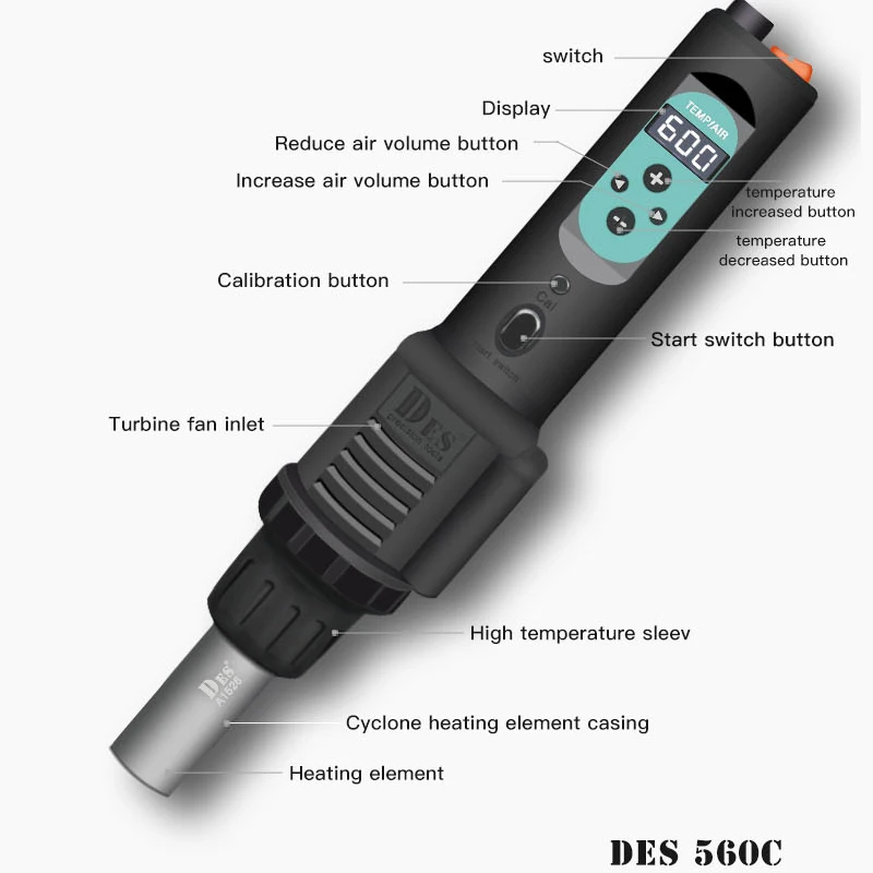 CXG DES 560B / DES 560C Portable Hot Air Digital Display Temperature Adjustable Gun IC Dismantling and Welding Platform 80--600℃
CXG DES 560B / DES 560C Portable Hot Air Digital Display Temperature Adjustable Gun IC Dismantling and Welding Platform 80--600℃