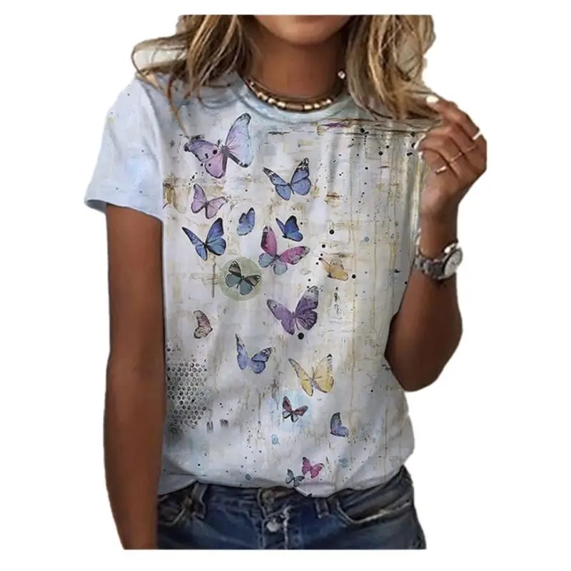 Women's round neck short sleeve T-shirt, casual floral print jersey, oversized loose T-shirt, new style, great deal 
Women's round neck short sleeve T-shirt, casual floral print jersey, oversized loose T-shirt, new style, great deal