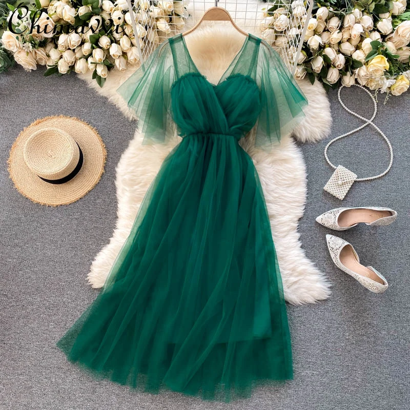 Fashion Fairy Dress Feminine 2022 Spring Summer New Goddess Temperament V-neck Pleated Slim Mid-Length Gauzy Dress Women
Fashion Fairy Dress Feminine 2022 Spring Summer New Goddess Temperament V-neck Pleated Slim Mid-Length Gauzy Dress Women