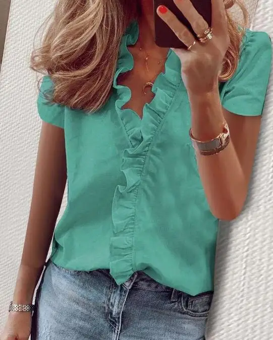 

Fashion Bloues Women 2023 Summer Solid Short Sleeve Ruffle Shirt Top Casual Daily Lady Basics Pullovre Tee Y2K