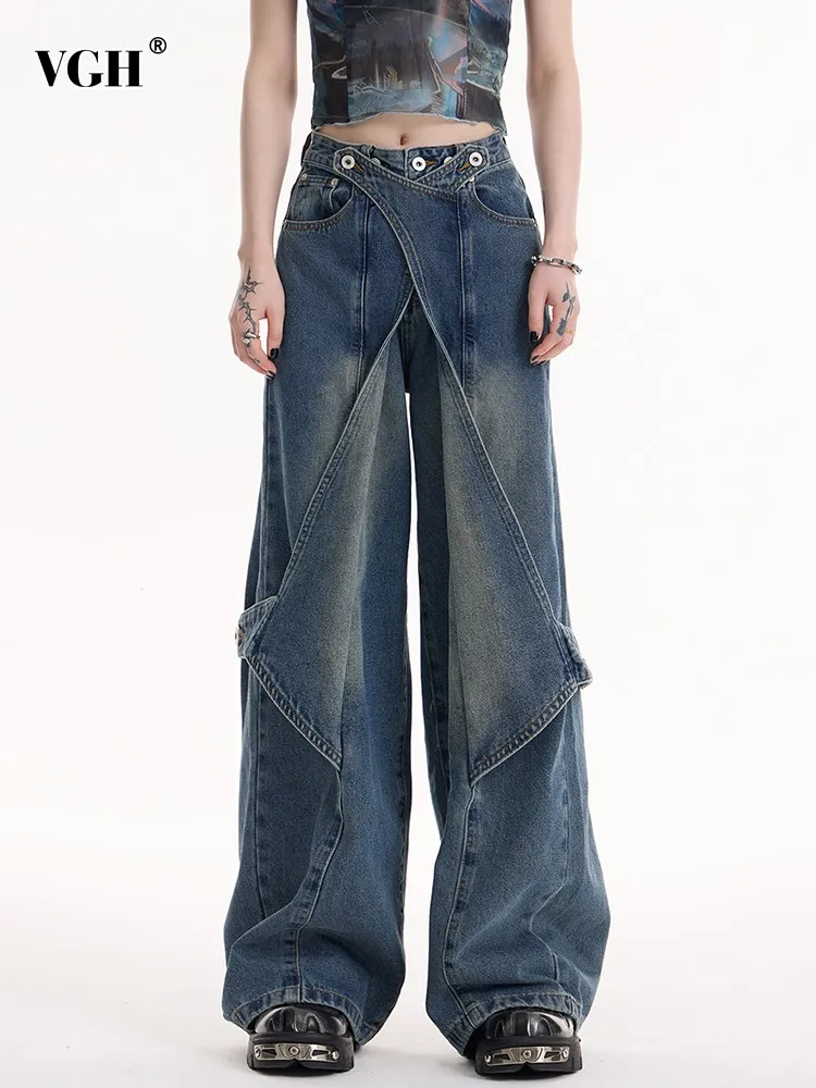 

Женские джинсовые брюки в пол VGH, с перекрестными вставками, на пуговицах, с высокой талией и карманами, уличная одежда в стиле пэчворк
