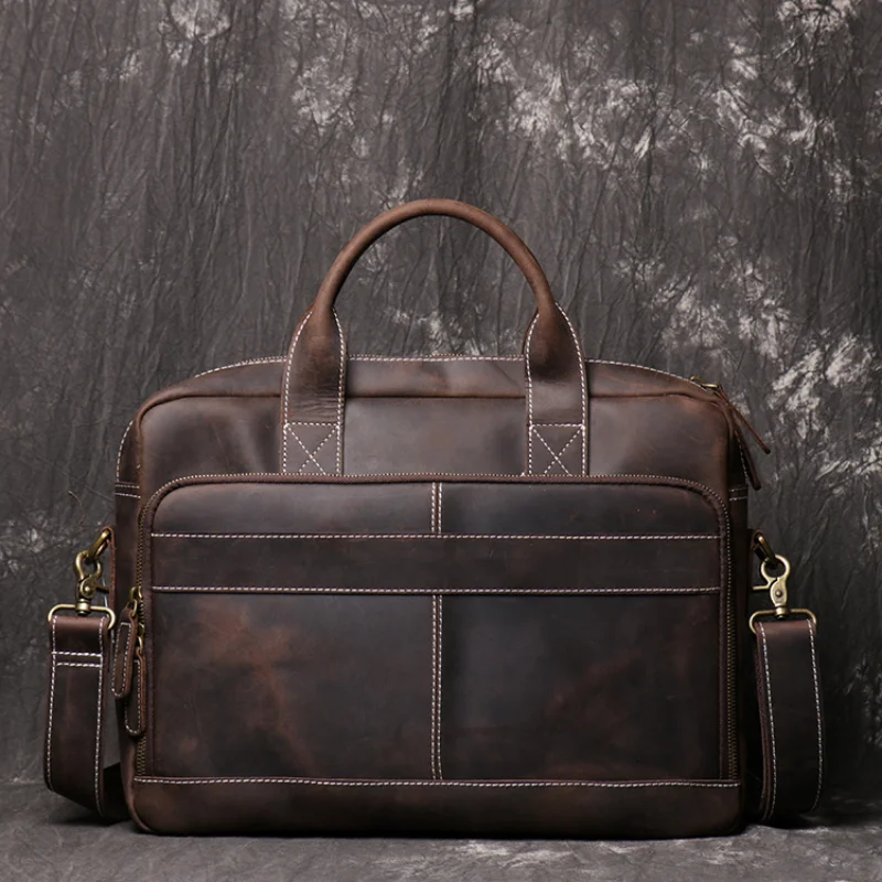 

European and American men's leather handbag Crazy horseskin single shoulder diagonal cross bag Business briefcase Computer bag