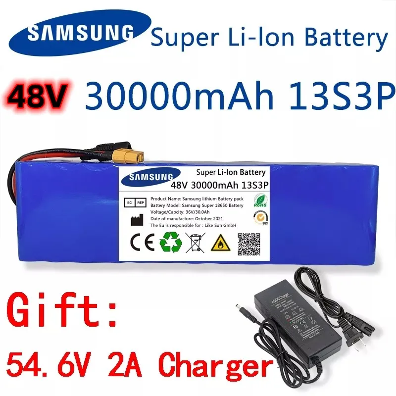 Batería de iones de litio de 48V, 30000mAh, 500w, 13S3P, XT60, 18650, 30Ah, para bicicleta eléctrica, Scooter con BMS y cargador
Batería de iones de litio de 48V, 30000mAh, 500w, 13S3P, XT60, 18650, 30Ah, para bicicleta eléctrica, Scooter con BMS y cargador