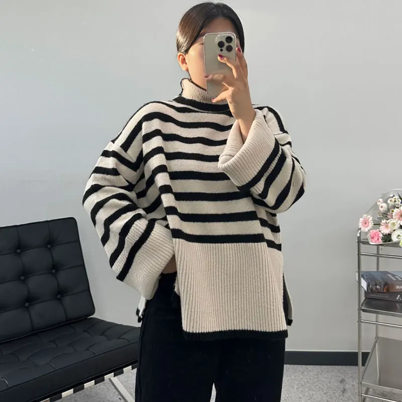 Clothland Women Elegant Striped Turtleneck Sweater Knitwear Long Sleeve Pullover Split French Style Chic Tops Mujer HA321
Clothland Women Elegant Striped Turtleneck Sweater Knitwear Long Sleeve Pullover Split French Style Chic Tops Mujer HA321