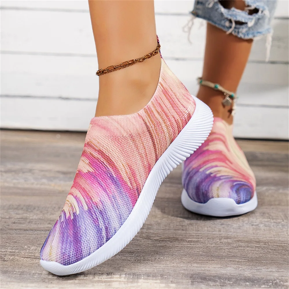 

2023 Women's Breathable Sneakers Spring Knitted Fabric Ladies Mix Colors Slip On Comfy Loafers 35-45 Large-Sized Sport Flats