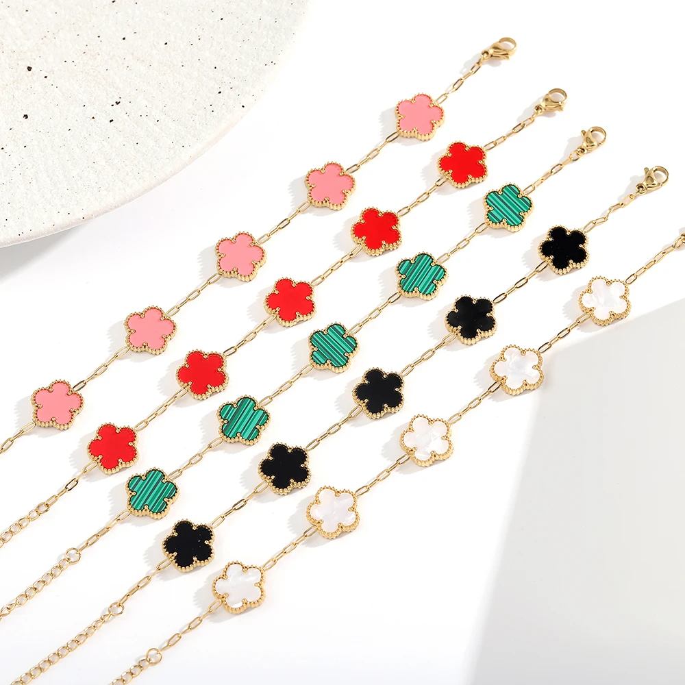 Luxury Five Flowers Charm Bracelet Double Side Shell Bracelets Gold Plated Stainless Steel Fashion Jewelry for Women Party Gift
Luxury Five Flowers Charm Bracelet Double Side Shell Bracelets Gold Plated Stainless Steel Fashion Jewelry for Women Party Gift