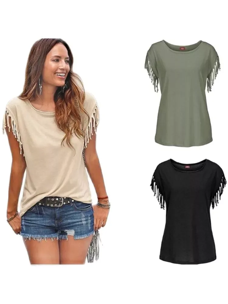 2023NEW Short Sleeve Tassel Fashion T-shirt Woman Simple Crew Neck Basic Tops 2022 New Leisure Ladies Streetwear Solid Tees
2023NEW Short Sleeve Tassel Fashion T-shirt Woman Simple Crew Neck Basic Tops 2022 New Leisure Ladies Streetwear Solid Tees