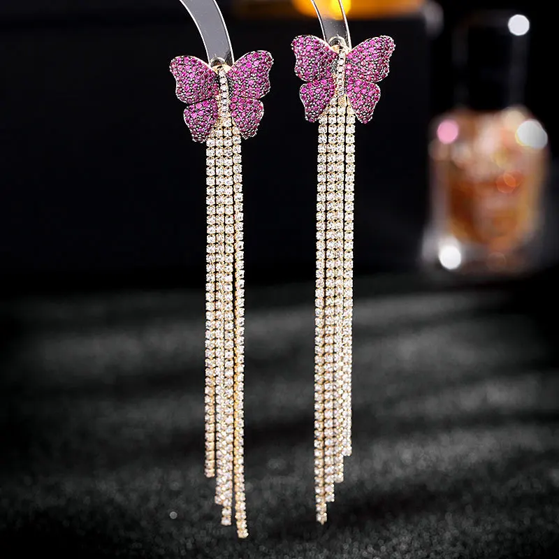 

Heavy Industry Micro Inlaid Zirconium Two-color Long Dangle Earring Silver Needle Two Ways of Wearing Butterfly Tassel Earrings