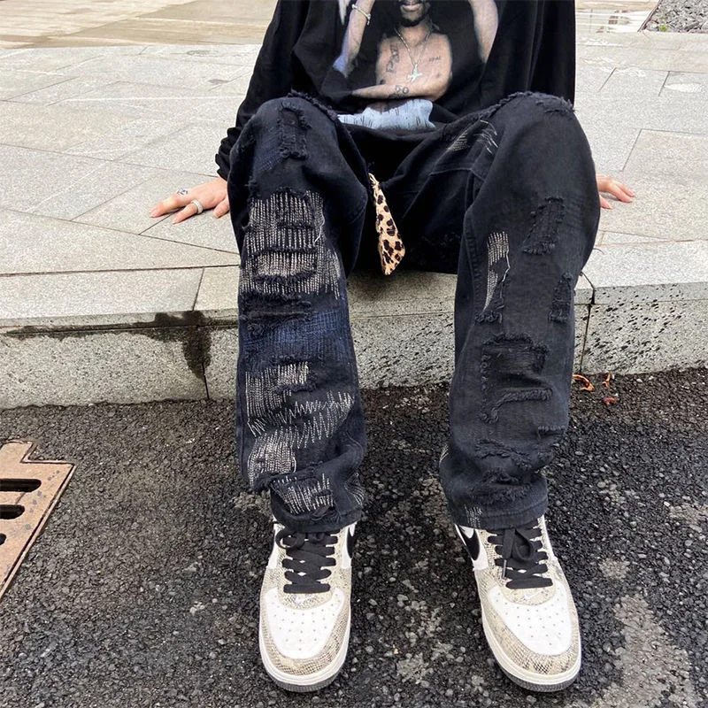 Embroidered Patch Hole Straight Jeans Men and Women Stitching Jogging Pants Trend Loose Wide Leg Hip Hop Trousers Hot Sale
Embroidered Patch Hole Straight Jeans Men and Women Stitching Jogging Pants Trend Loose Wide Leg Hip Hop Trousers Hot Sale