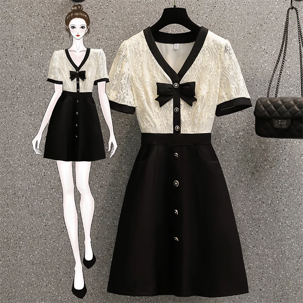 Loose 2022 Summer Dress Women Black White Color Matching Short Sleeve French Style Lace Bow Elegant Mini Dresses Large Size 4XL
Loose 2022 Summer Dress Women Black White Color Matching Short Sleeve French Style Lace Bow Elegant Mini Dresses Large Size 4XL