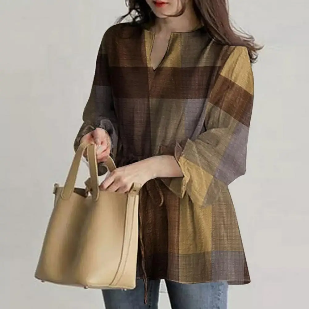 V-Neck Ruffle Cuffs Waist Lace-up Plaid Print Casual Blouse Simple Casual Flare Long Sleeve Women Tunic Top Female Clothing
V-Neck Ruffle Cuffs Waist Lace-up Plaid Print Casual Blouse Simple Casual Flare Long Sleeve Women Tunic Top Female Clothing