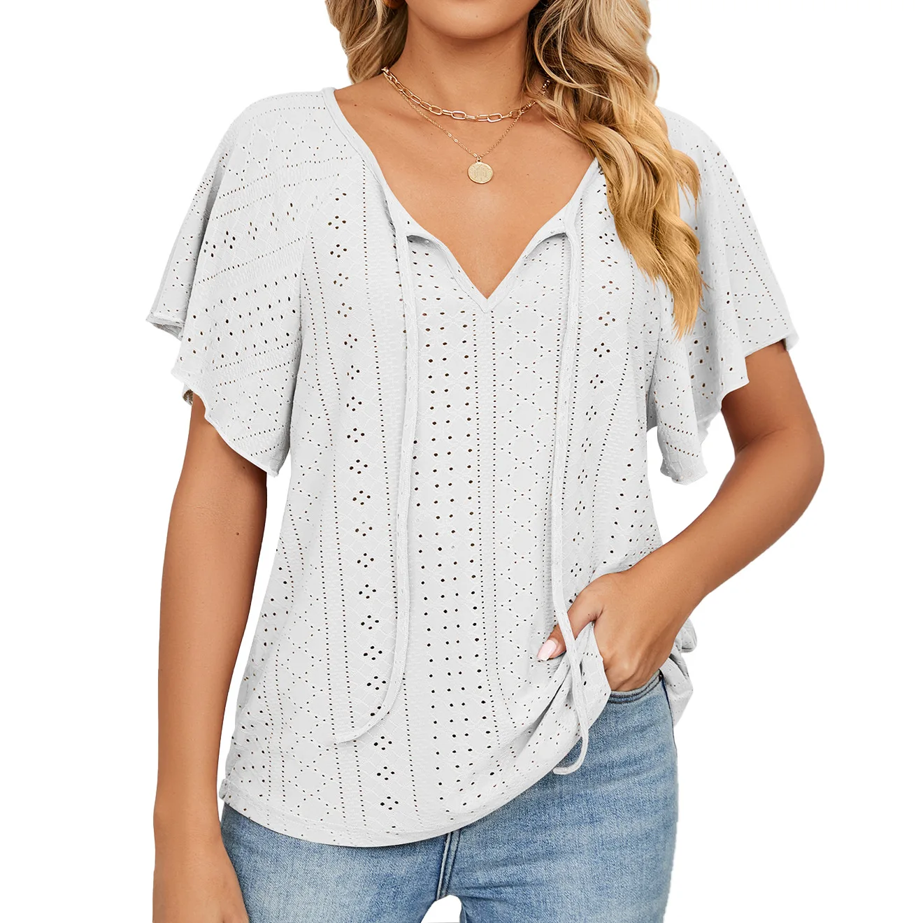 Spring/summer 2023 new pure color v-necktie short-sleeved loose t-shirt blouse woman white
Spring/summer 2023 new pure color v-necktie short-sleeved loose t-shirt blouse woman white