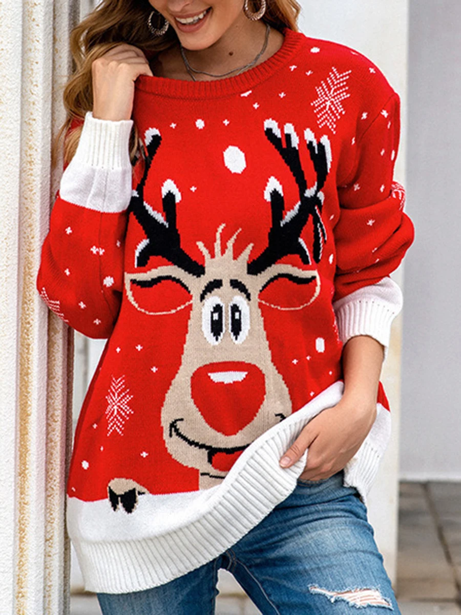 

Women s Reindeer Snowflake Patterned Knit Sweater Cozy Long Sleeve Crewneck Christmas Pullover Sweater