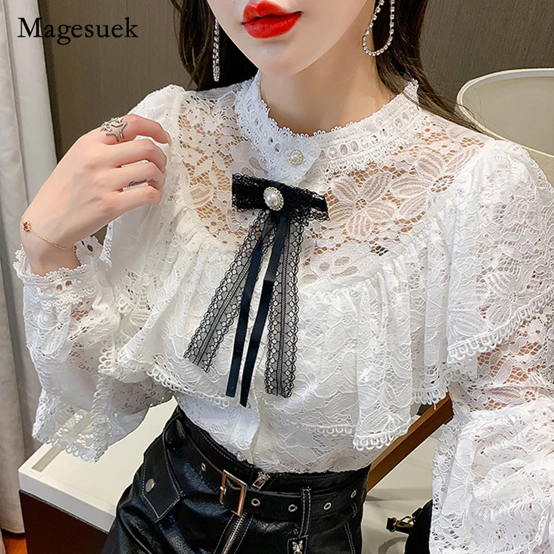 Autumn Fashion Elegant Women's Lace Shirt Vintage Crochet Ruffles Woman Blouses Bow Beading Long Sleeve Ladies Tops Blusas 16889
Autumn Fashion Elegant Women's Lace Shirt Vintage Crochet Ruffles Woman Blouses Bow Beading Long Sleeve Ladies Tops Blusas 16889