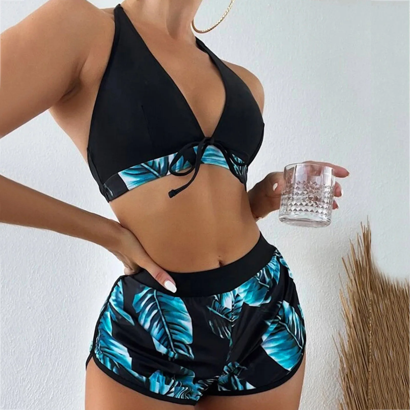 

Women Split Swimwear Ladies Color 3pack Tropical Print Halter Bikini Swimsuit With Swim Shorts Push Up Three-piece Bikinis Set