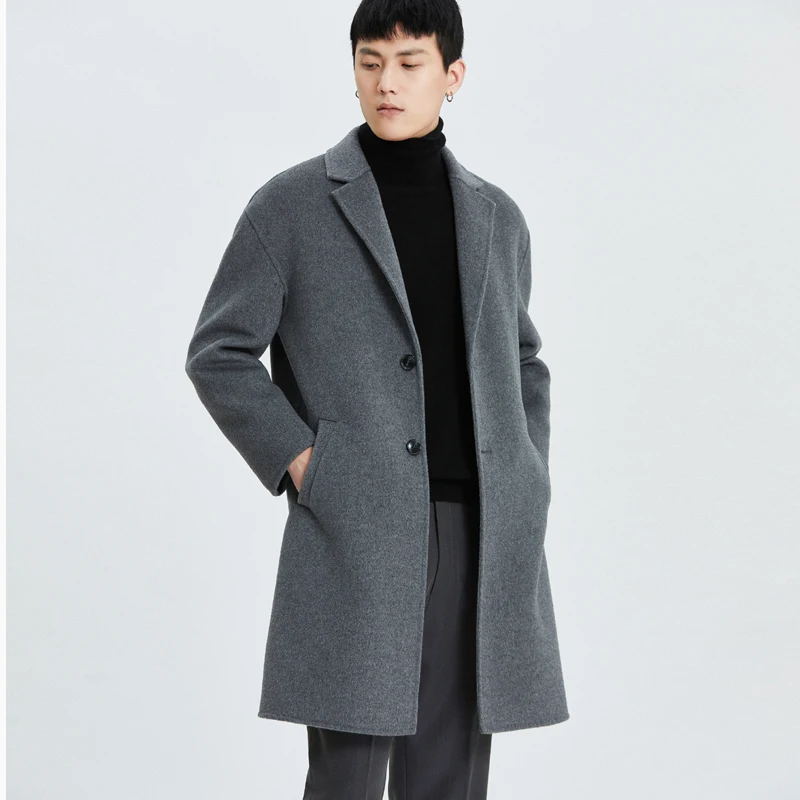 

Двустороннее кашемировое пальто мужское шерстяное пальто средней длины осень-зима 2023 корейский стиль свободный костюмный воротник топ из чистой шерсти