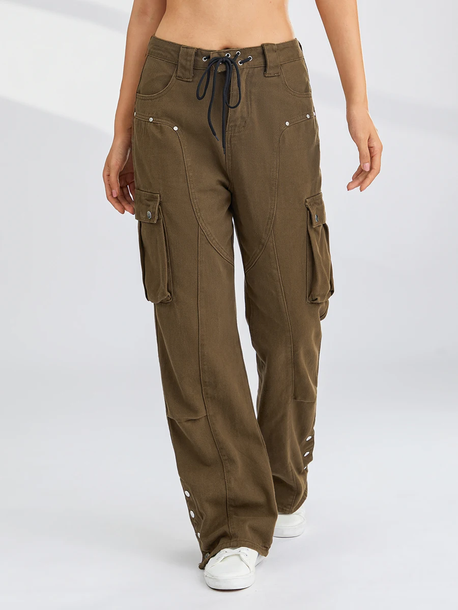 Women Autumn Winter Cargo Pants Vintage Lacing Zipped Solid Color Loose Trousers with Pockets for Casual Street 
Women Autumn Winter Cargo Pants Vintage Lacing Zipped Solid Color Loose Trousers with Pockets for Casual Street