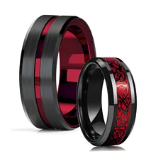 Fashion 8mm Red Groove Beveled Edge Black Tungsten Wedding Rings For Men Cool Black Celtic Dragon Inlay Red Carbon Fiber Ring