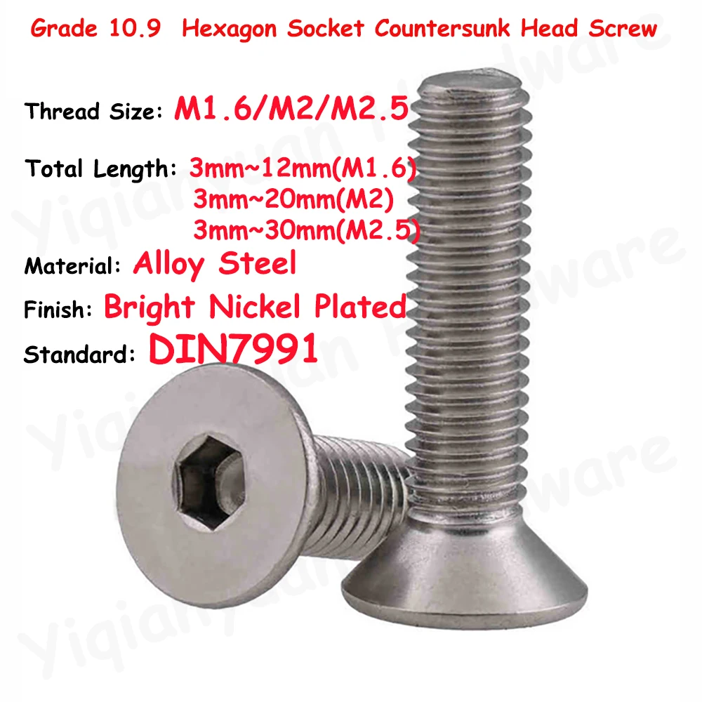 50Pcs DIN7991 M1.6 M2 M2.5 Coarse Thread Grade 10.9 Alloy Steel Bright Nickel Plated Hexagon Socket Countersunk Head Cap Screws
50Pcs DIN7991 M1.6 M2 M2.5 Coarse Thread Grade 10.9 Alloy Steel Bright Nickel Plated Hexagon Socket Countersunk Head Cap Screws