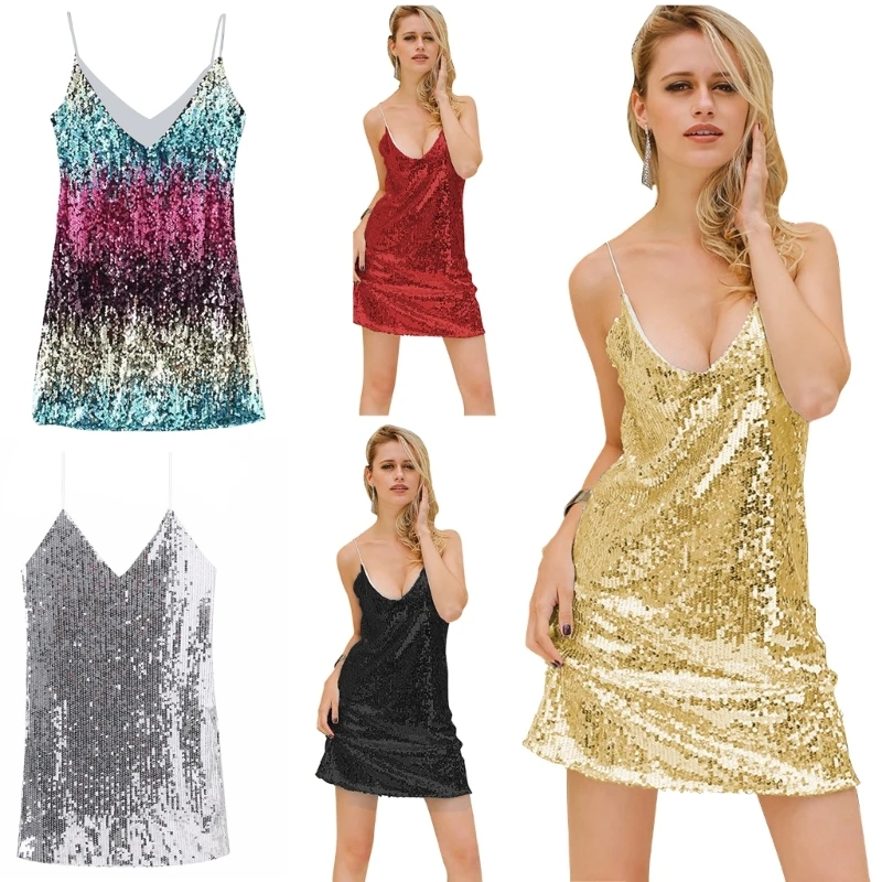Женское облегающее платье с V-образным вырезом и блестками 
Женское облегающее платье с V-образным вырезом и блестками