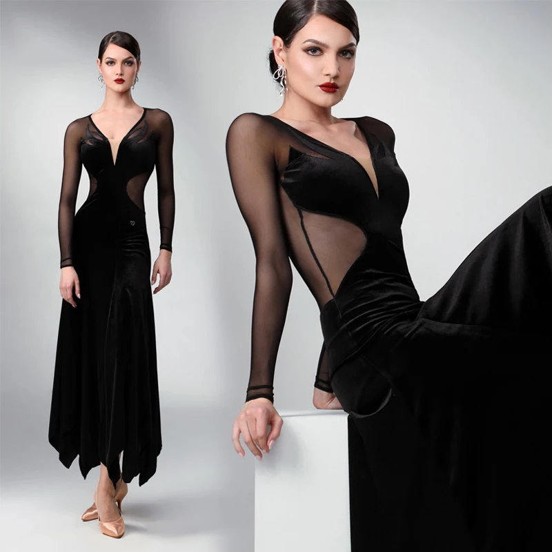 Black Velvet Mesh Sleeved Ballroom Dance Competition Dress Women'S Waltz Modern Dancing Dresses Latin Dance Clothing SL8742
Black Velvet Mesh Sleeved Ballroom Dance Competition Dress Women'S Waltz Modern Dancing Dresses Latin Dance Clothing SL8742