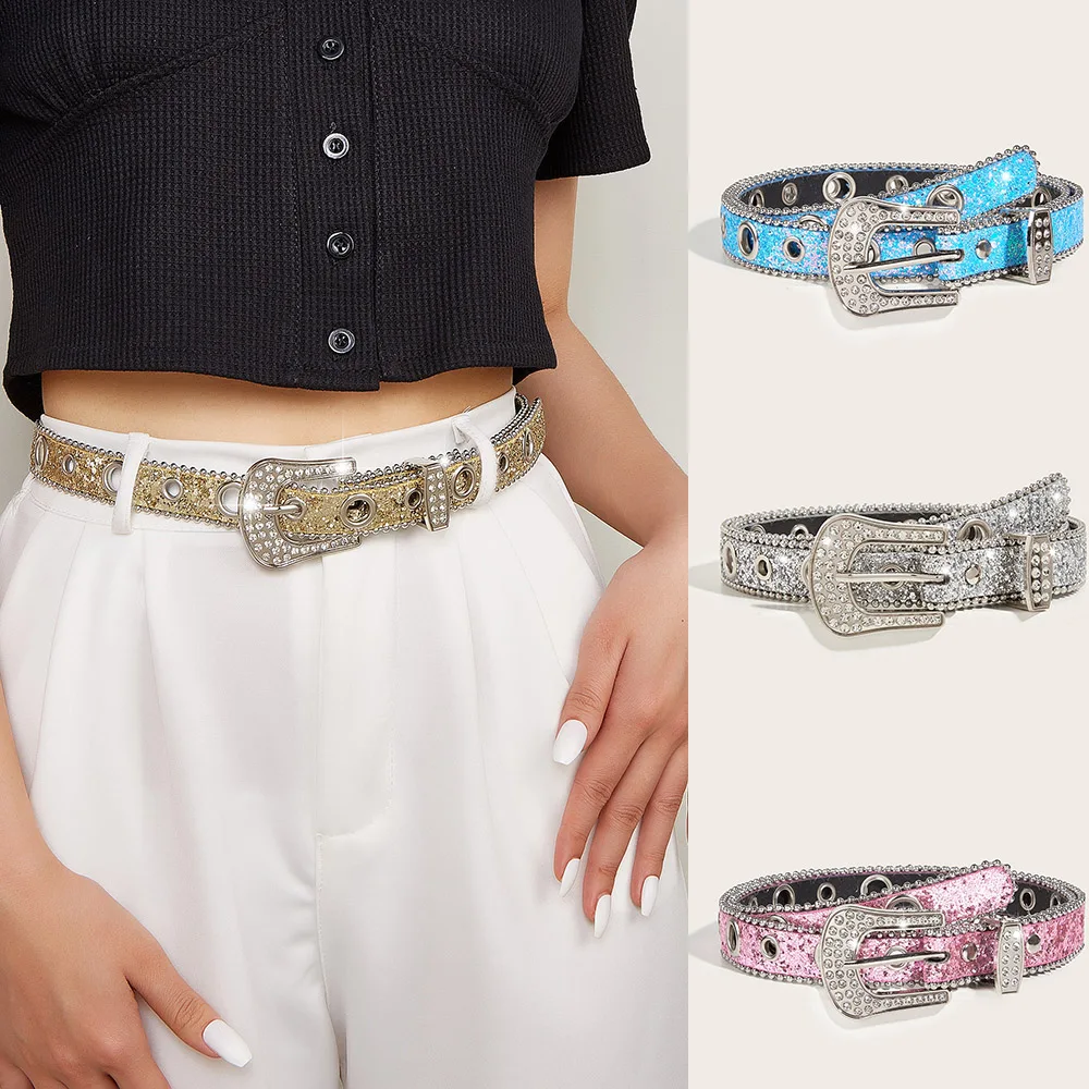

Slim Waistband Embellished Sequin Jeans Rivet Eyelet Belt Diamond Crystal Waist Strap Dress Jeans Belt PU Leather Waist Belt