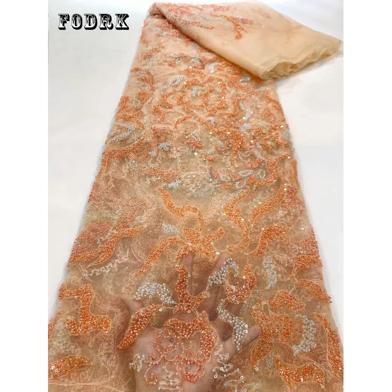 

2023 Высококачественная африканская 3D кружевная ткань с вышивкой и бисером, французская Тюлевая кружевная ткань ручной работы для свадебного платья