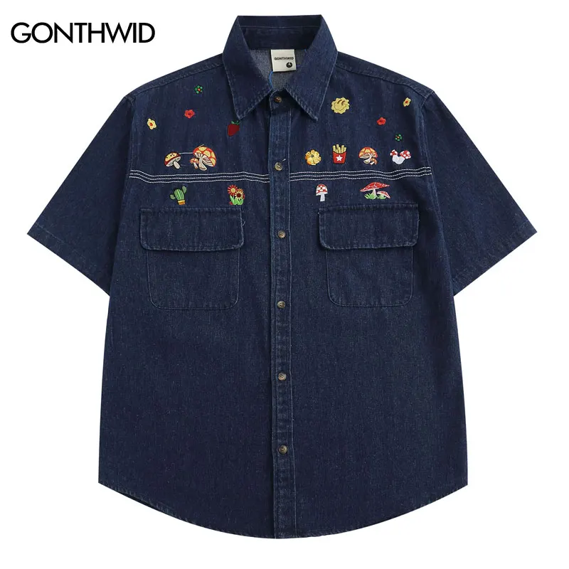 Men Denim Shirts Y2K Retro Embroidery Floral Mushroom Cactus Short Sleeve Button Up Jean Shirt Summer Casual Loose Jacket Blue
Men Denim Shirts Y2K Retro Embroidery Floral Mushroom Cactus Short Sleeve Button Up Jean Shirt Summer Casual Loose Jacket Blue