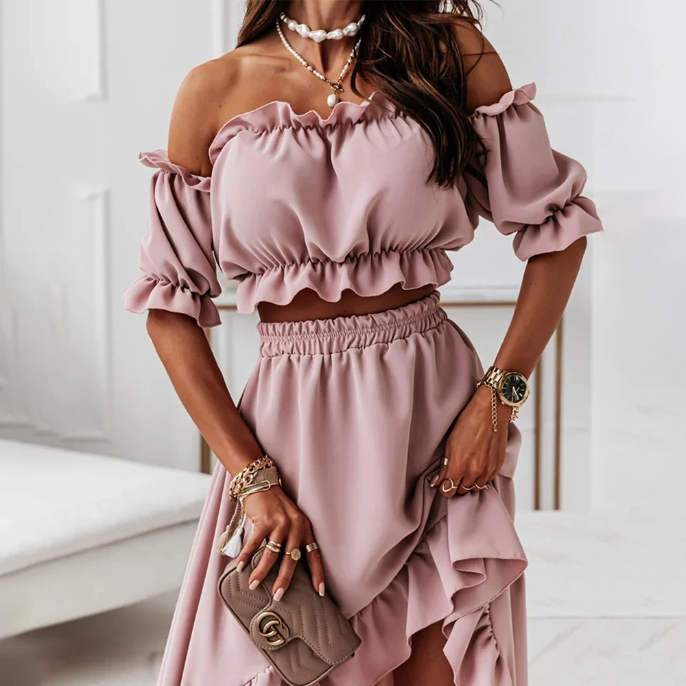 2022 Summer Sexy Short-sleeved Women Suit Solid Fashion Slash Neck Show Waist Puff Sleeve Short Top Long Skirt Two Piece Suit
2022 Summer Sexy Short-sleeved Women Suit Solid Fashion Slash Neck Show Waist Puff Sleeve Short Top Long Skirt Two Piece Suit