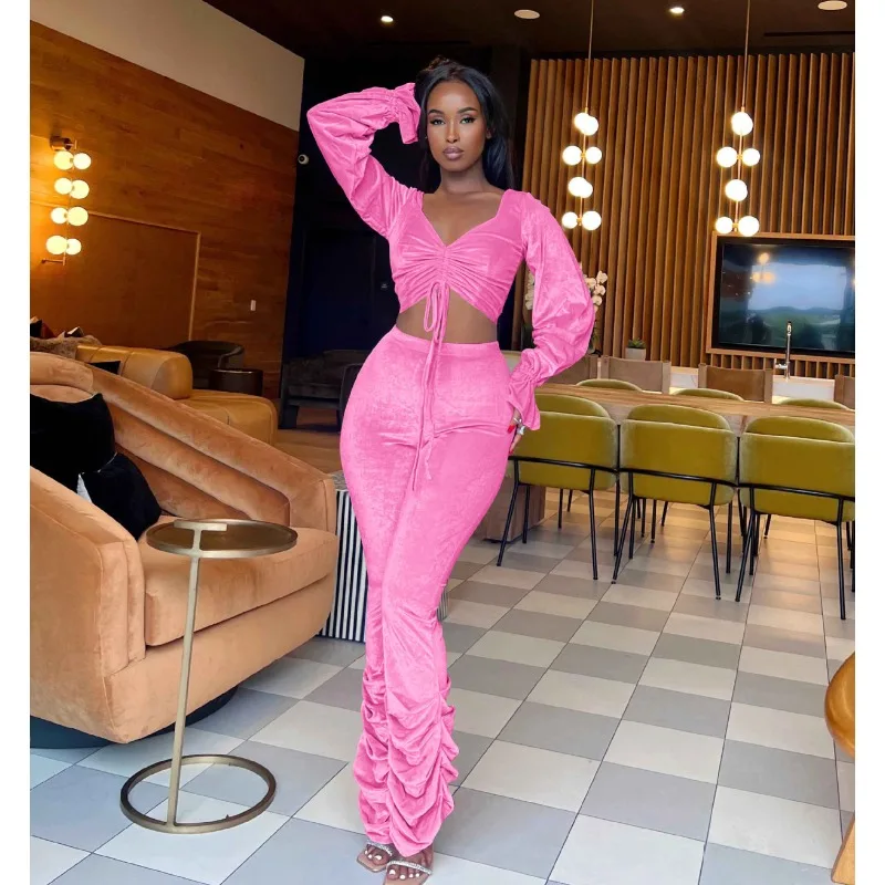 Velvet Solid Pleated Slim Fit Casual Two Piece Set Women Autumn V Neck Long Sleeve Drawstring Crop Tops High Waist Skinny Pants
Velvet Solid Pleated Slim Fit Casual Two Piece Set Women Autumn V Neck Long Sleeve Drawstring Crop Tops High Waist Skinny Pants