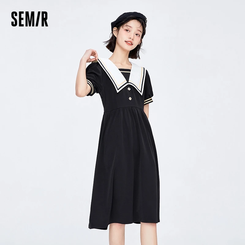 

Semir Dress Women Puff Sleeves College Wind Navy Collar 2022 Summer New Girls Hit Color Little Black Dress First Love