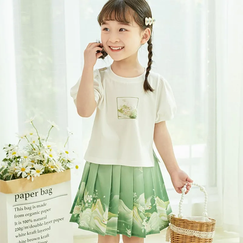 Girls Hanfu T-Shirt Summer Short-Sleeved Cotton Top Pleated Skirt Chinese Style Ancient Style Children Girl Pleated Skirt LE096
Girls Hanfu T-Shirt Summer Short-Sleeved Cotton Top Pleated Skirt Chinese Style Ancient Style Children Girl Pleated Skirt LE096