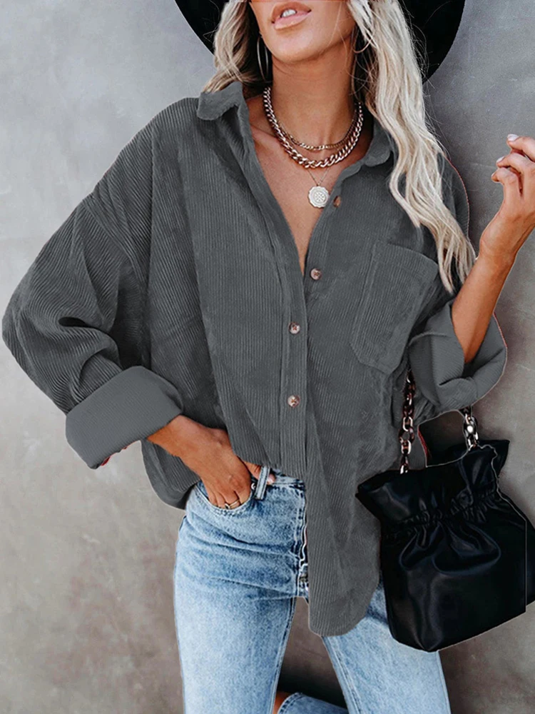 Women Button Down Shirts Autumn Casual Corduroy Jackets Fashion Lapel Long Sleeve Blouses Tops Female Solid Loose Pocket Coats
Women Button Down Shirts Autumn Casual Corduroy Jackets Fashion Lapel Long Sleeve Blouses Tops Female Solid Loose Pocket Coats
