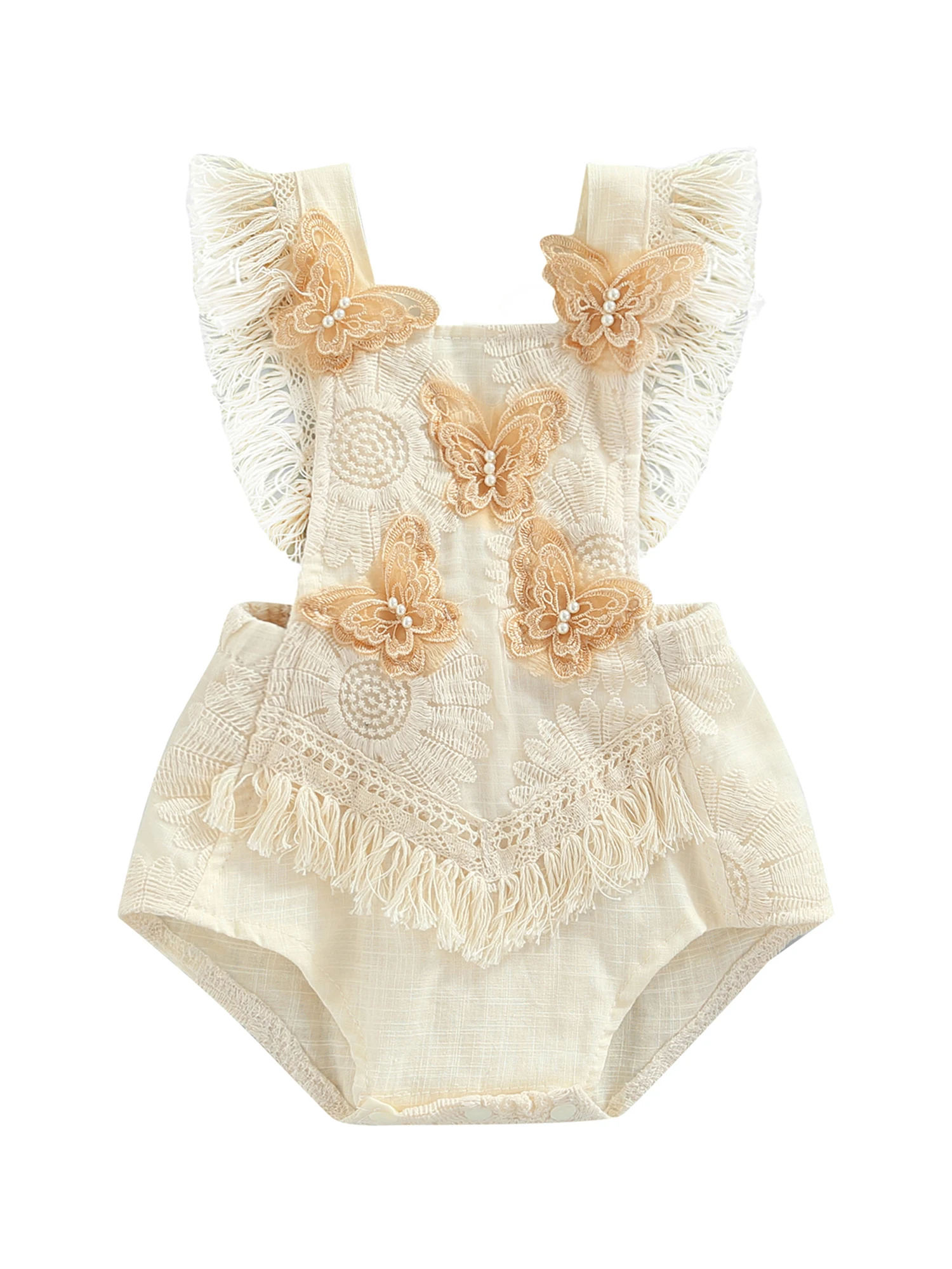 

Newborn Infant Baby Girls Summer Patchwork Romper Sleeveless Lace Tassel Butterfly Crochet Tie Up Playsuit for 0-24M