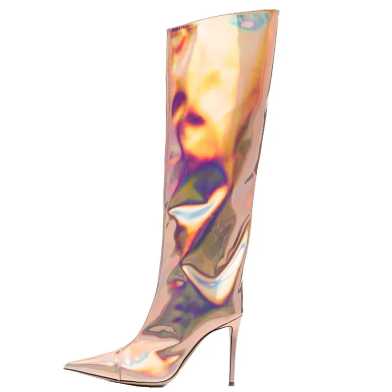 Sexy Laser Mirror Leather Knee Boots Woman Irregular Top Stiletto High Heels Pointed Toe Side Zipper Rock Style Stage Booties
Sexy Laser Mirror Leather Knee Boots Woman Irregular Top Stiletto High Heels Pointed Toe Side Zipper Rock Style Stage Booties