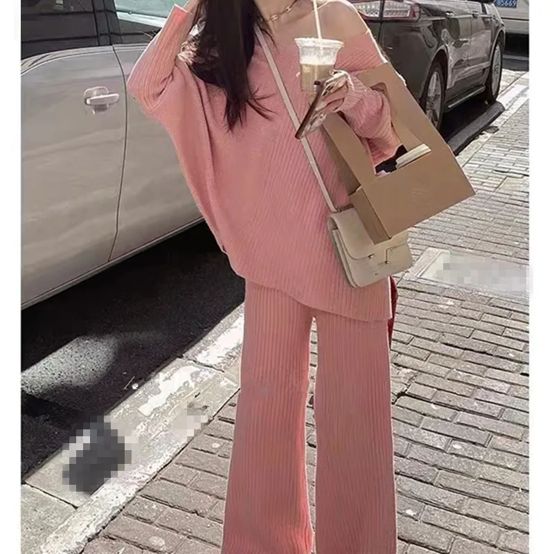 

New 2022 hign fashion Two Piece Set Female High Waist Knitted Ensemble Femme Elegant wide leg pants outfit ant