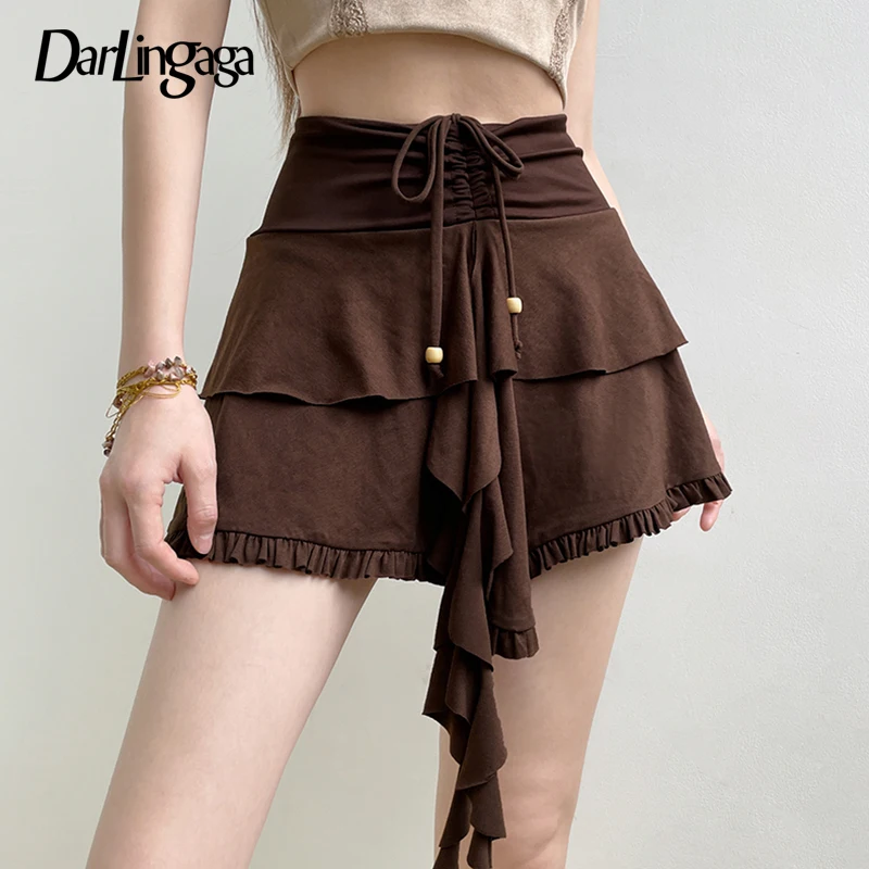 

Darlingaga Vintage Brown Y2K Drawstring Short Skirts for Women Ruffles Irregular High Waist Party Skirt Two-Layer Frill Clothes