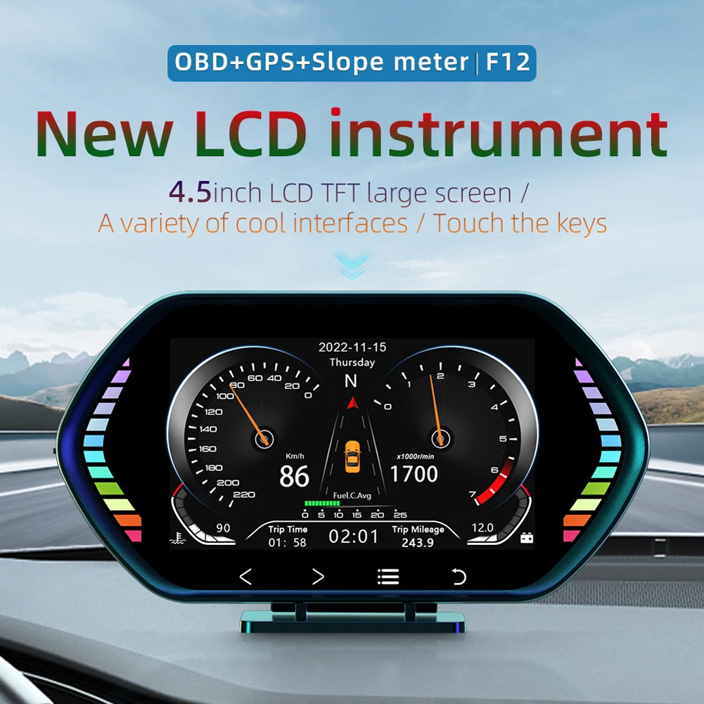 

4.5 inch Car HUD OBD2 GPS Dual System Head up Display LCD Digital Speedometer Inclinometer with Time Week Touch Buttons Lights