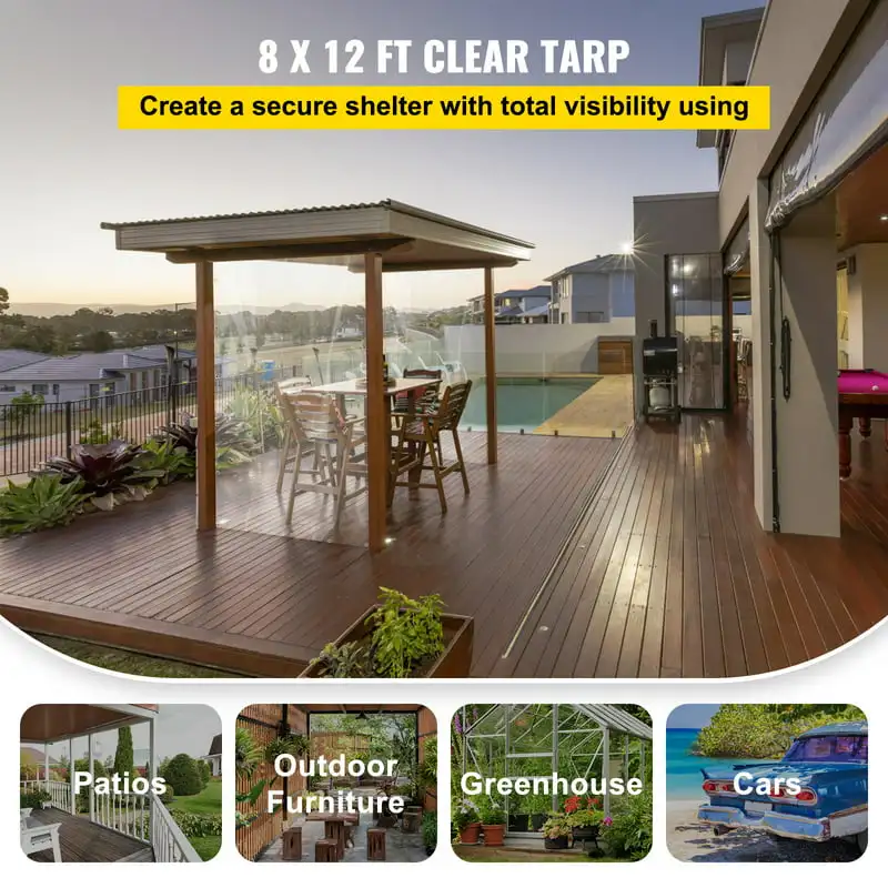 Clear Vinyl Tarp, 8 x 12 ft 20 Mil Thick, Heavy-Duty Waterproof Patio Enclosure, Tear and Weather Proof Transparent PVC Tarpauli
Clear Vinyl Tarp, 8 x 12 ft 20 Mil Thick, Heavy-Duty Waterproof Patio Enclosure, Tear and Weather Proof Transparent PVC Tarpauli