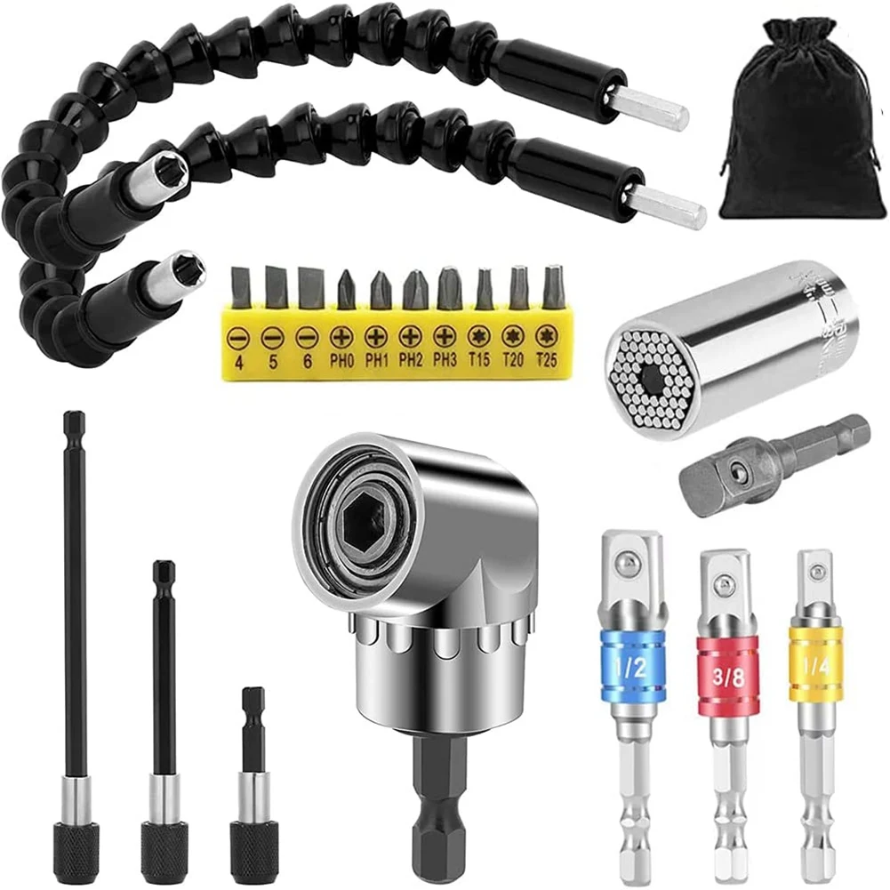 Flexible Drill Bit Extension Set, 105°Right Angle Drill Bit Attachment,1/4 3/8 1/2 inch Universal Socket Adapter
Flexible Drill Bit Extension Set, 105°Right Angle Drill Bit Attachment,1/4 3/8 1/2 inch Universal Socket Adapter