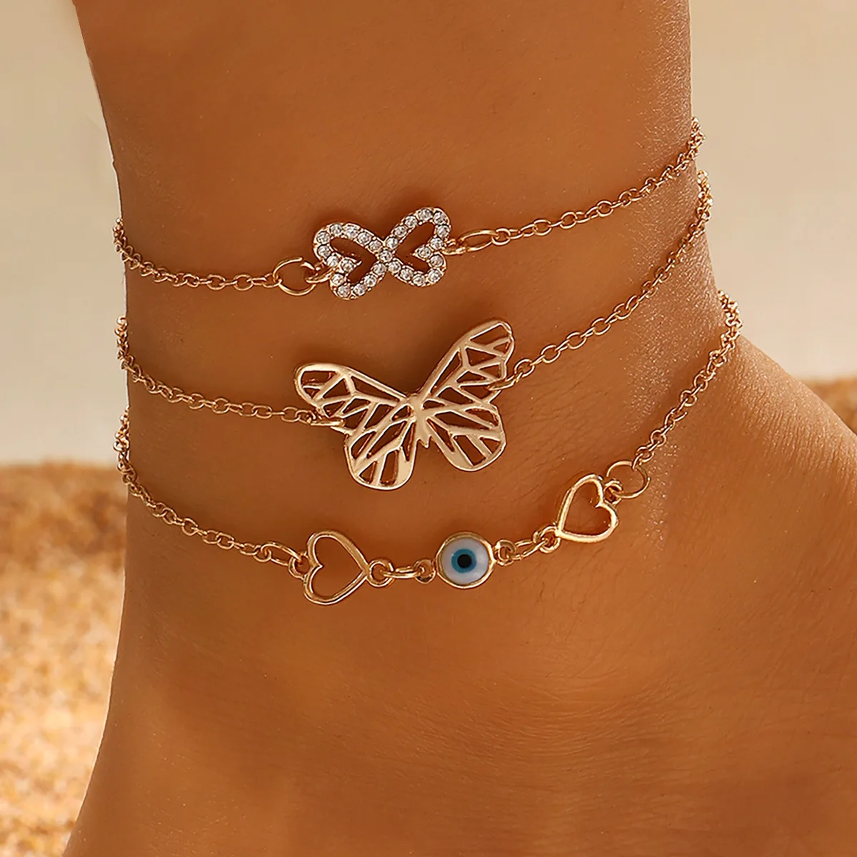 

Hollow Butterfly Heart Evil Eye Anklet Set On The Leg Boho Multi-layer Anklets Barefoot For Women Beach Chain Foot Jewelry